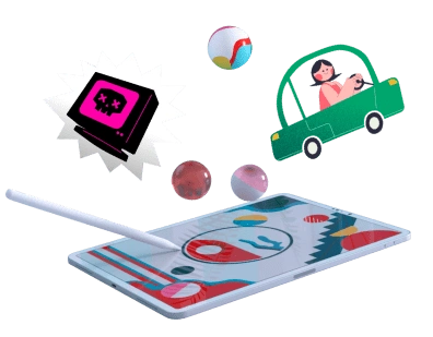 Motion design elements: a cartoon car, a TV with a danger sign, and a colorful tablet with a stylus.